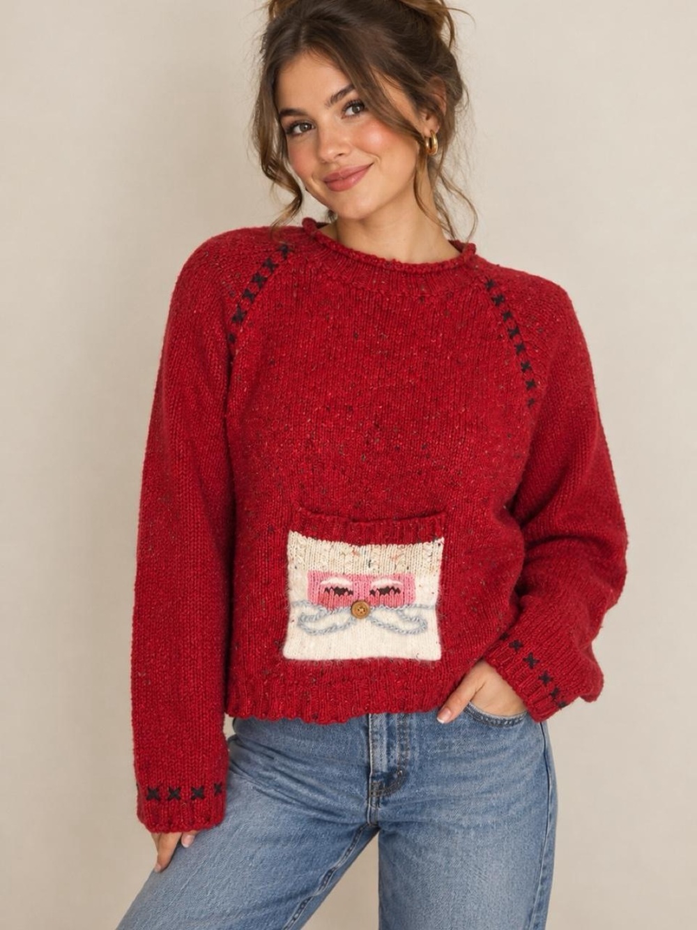 Vintage 90s Santa Ugly Christmas Sweater Wool Blend Large Petite Rolled Neck